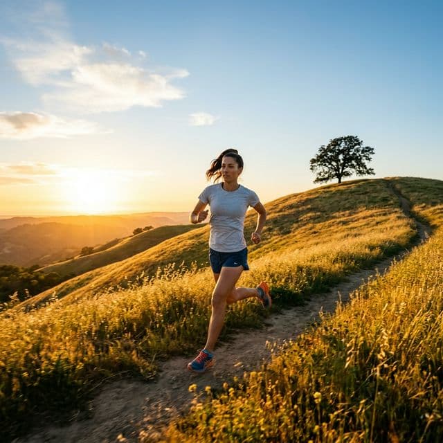 Runner on golden hillside at sunset